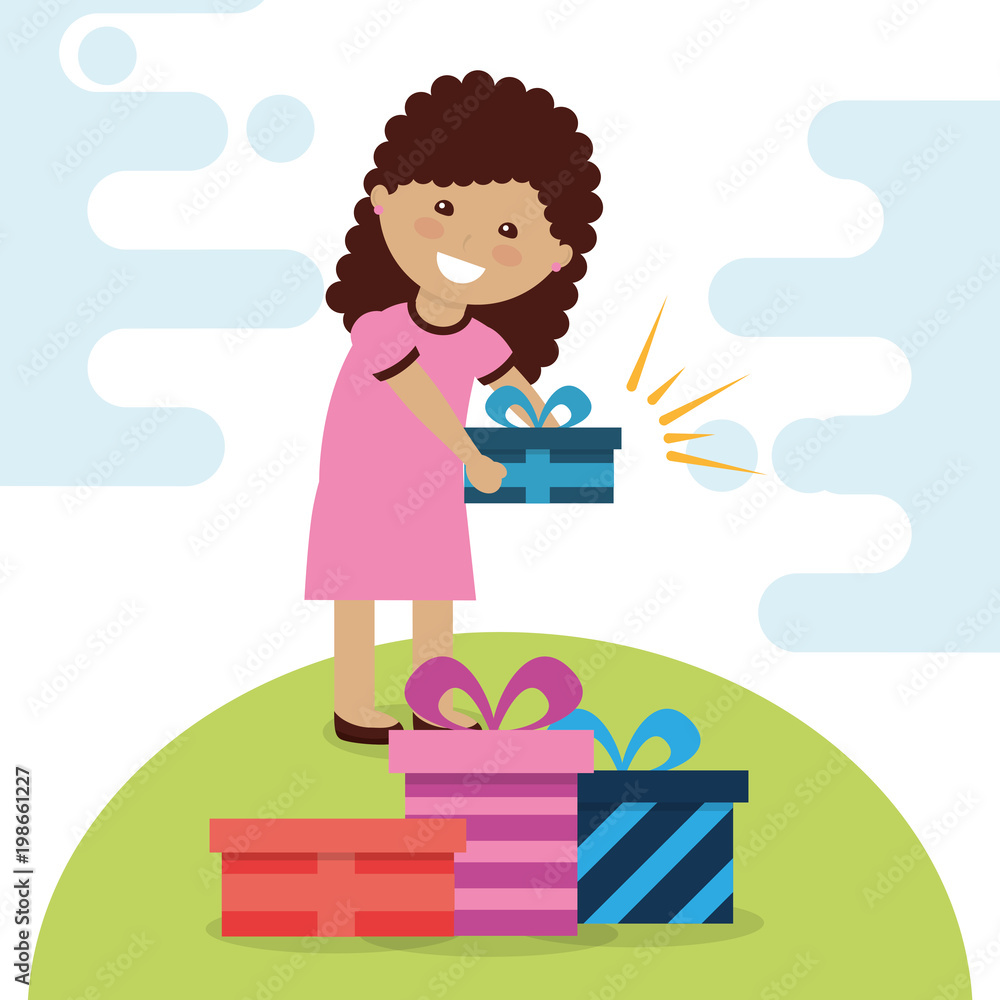 young happy girl holding a bright gift box and many presents in floor vector vector illustration young happy girl holding a bright gift box and many presents in floor vector vector illustration