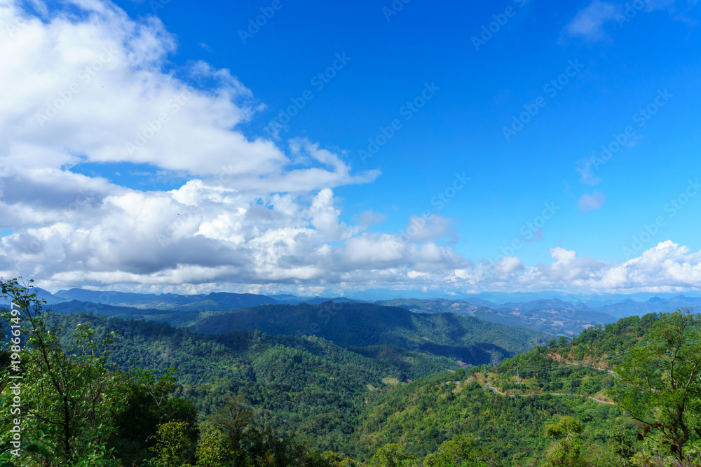 Fototapeta premium panorama landscape view of jungle and mountain with blue sky and cloud in sunny day at thailand national park. nature or abstract background.