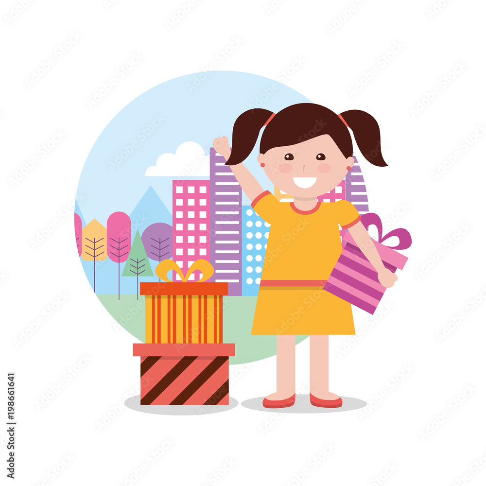 happy young girl holding gift box and city background vector illustration happy young girl holding gift box and city background vector illustration