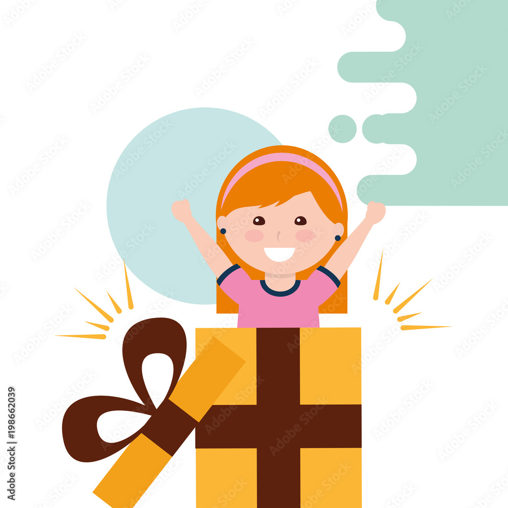little girl happy inside open gift box party celebration vector illustration
