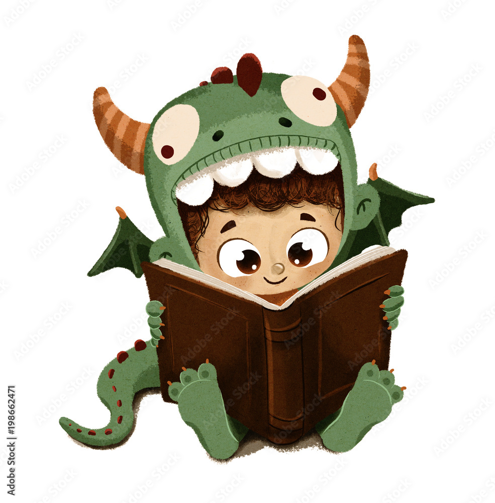informal Conquistar Marchitar Niño disfrazado de dragón leyendo un libro en Sant Jordi ilustración de  Stock | Adobe Stock
