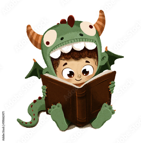 Niño disfrazado de dragón leyendo un libro en Sant Jordi