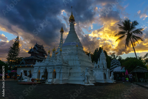 Mae Hong Son Thailand.December 30 2017. landscape view of Wat Phra that Doi Kong mu pagoda when the sunset and twilight sky. Mae hong son  thailand tourism.