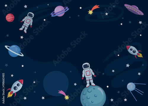 Cute colorful background template with space mars stars planets ufo rockets spaceships satellite and comet on dark background. Vector illustration, frame for kids