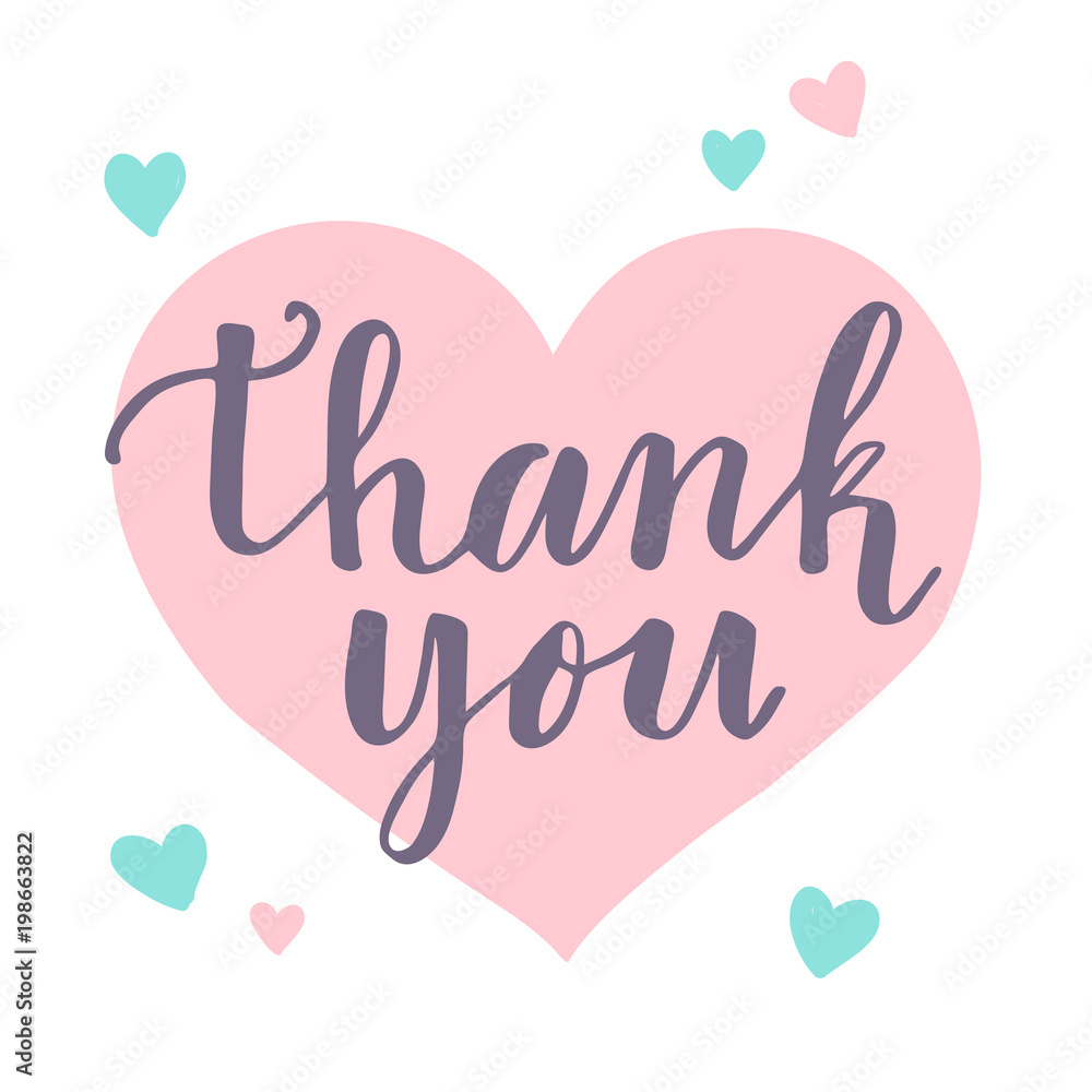Thank you phrase. Cute hand drawn colorful calligraphic lettering with pink and mint green hearts on white background. Perfect for greeting cards, posters, print ect. Vector illustration