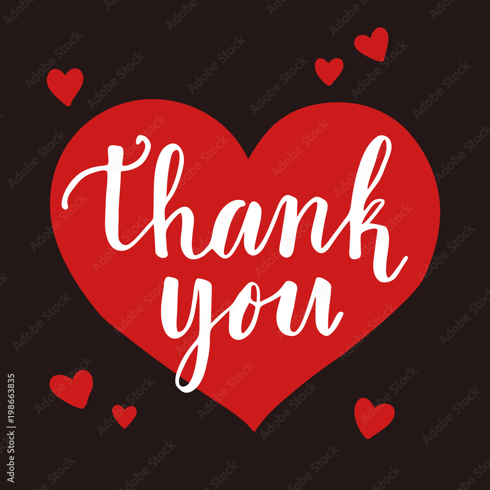 Thank you phrase. Cute hand drawn colorful calligraphic lettering with red hearts on black background. Perfect for greeting cards, posters, print ect. Vector illustration