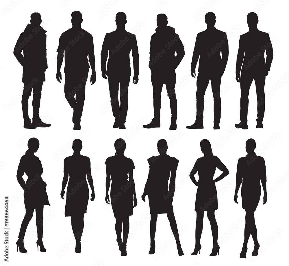 Business men and women in different poses, set of vector silhouettes. Adult people in formal dress at work - obrazy, fototapety, plakaty 