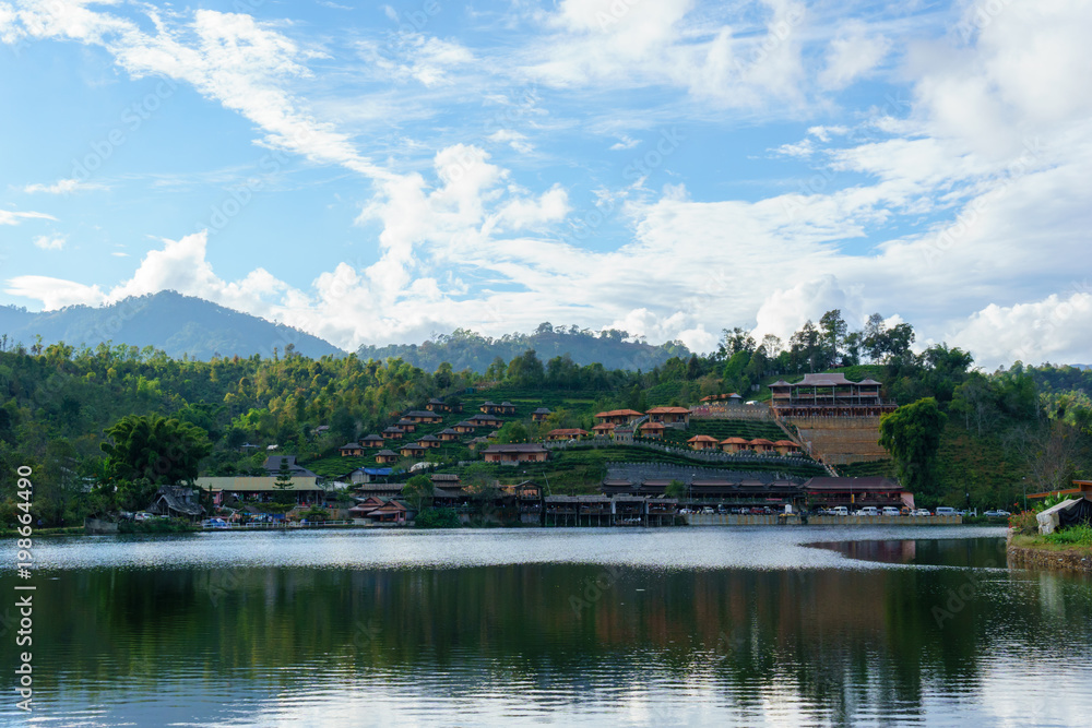 panorama landscape view of big lake with blue sky and cloud at Ban Rak Thai,Mae Hong Son,Thailand