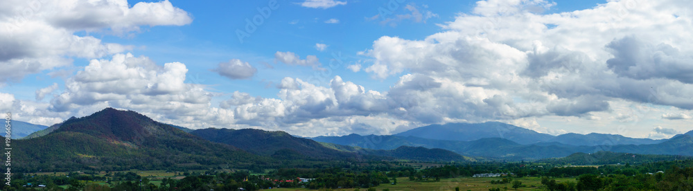 Amazing panorama landscape of mountain with sky and cloud and tree background in national park.