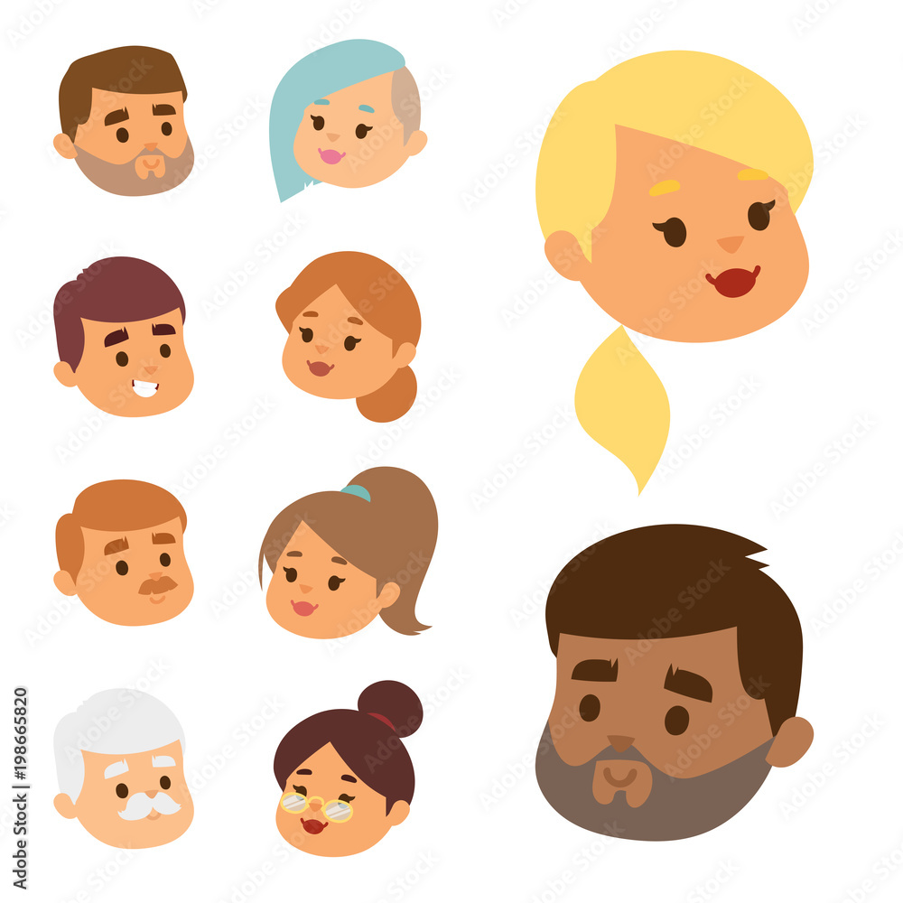 Eemotion vector people faces cartoon emotions avatar illustration. Woman and man emoji face icons and emoji face cute symbols. Human people emoji face happy emoji facial character symbols Eemotion vector people faces cartoon emotions avatar illustration. Woman and man emoji face icons and emoji face cute symbols. Human people emoji face happy emoji facial character symbols