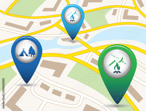 Set of tourism service map pointers on map