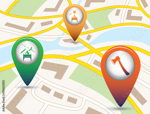 Set of tourism service map pointers on map