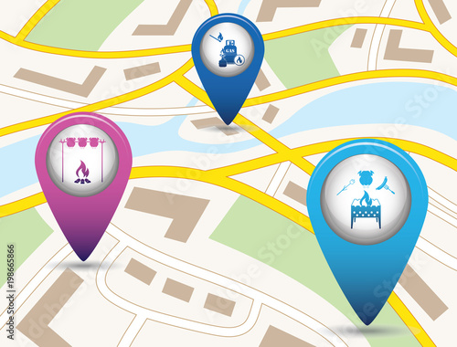 Set of tourism service map pointers on map