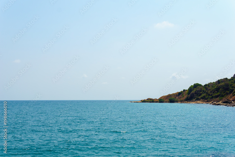 panorama landscape view of amazing beautiful seascape with clear blue sky and cloud. great scene of nature in the evening.