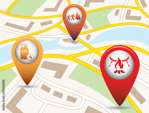 Set of tourism service map pointers on map