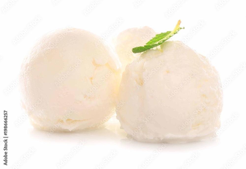 Balls of delicious vanilla ice cream on white background Balls of delicious vanilla ice cream on white background