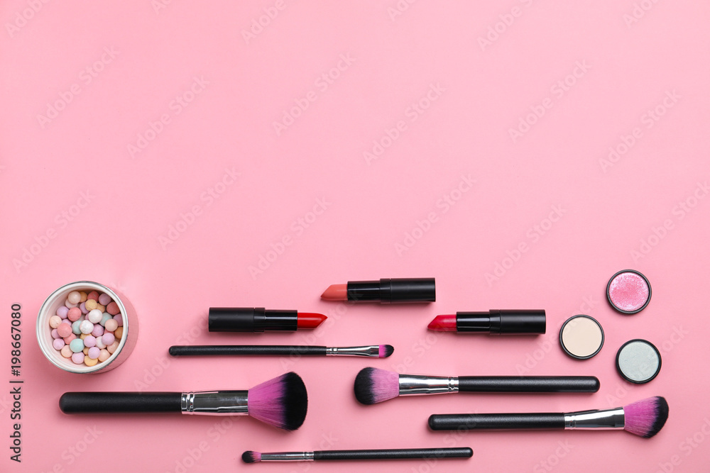 Naklejka premium Flat lay composition with cosmetic products on color background