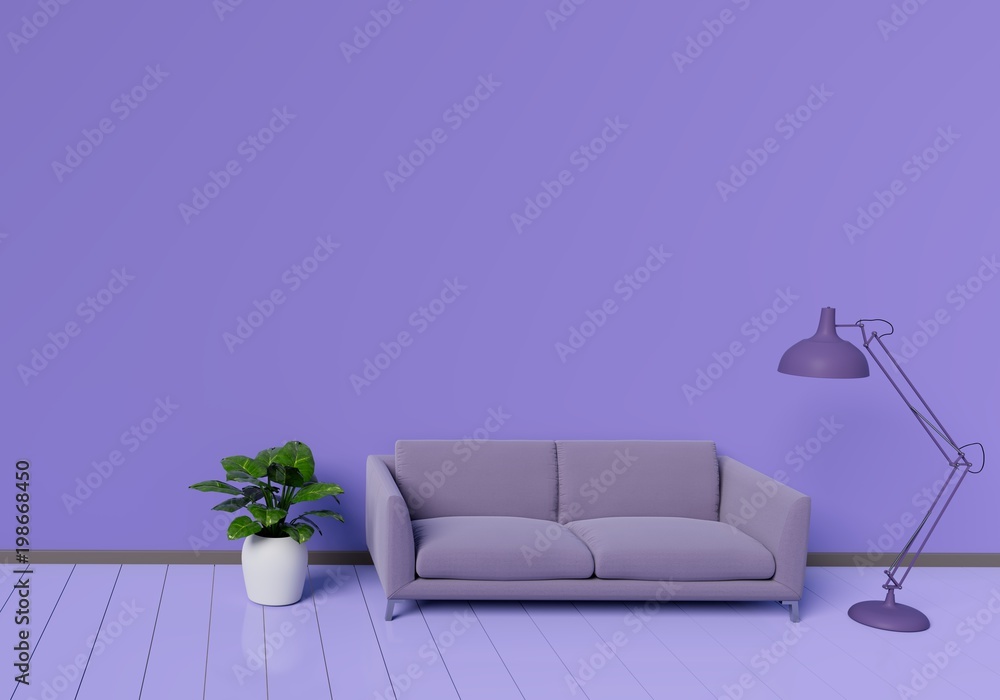 Modern interior design of purple living room with sofa an plant pot on white glossy wooden floor. Lamp element. Home and Living concept. Lifestyle theme. 3D illustration rendering. - obrazy, fototapety, plakaty 