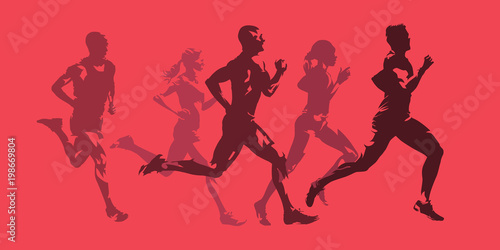 Running men and women, active people. Monochromatic isolated vector silhouettes