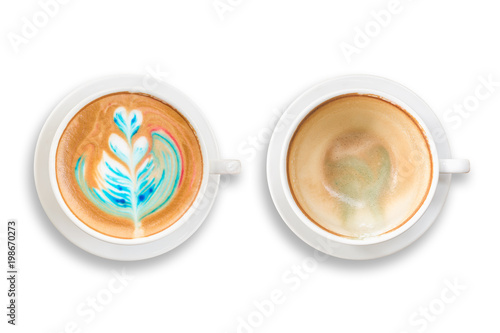 Top view of colorful rainbow latte coffee in white cup. Isolated on white. Saved with clipping path