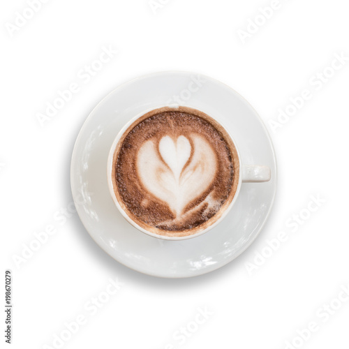 Top view of hot latte coffee in white cup. Isolated on white. Saved with clipping path