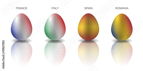 Set of 4 Easter eggs painted in the colors or European countries flags: France, Italy, Spain and Romania. Semi realistic vector illustration, isolated on white background