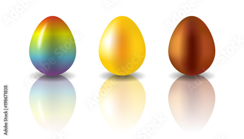 Set of 3 Easter eggs painted in different colors. Rainbow, golden and chocolate eggs. Semi realistic vector illustration, isolated on white