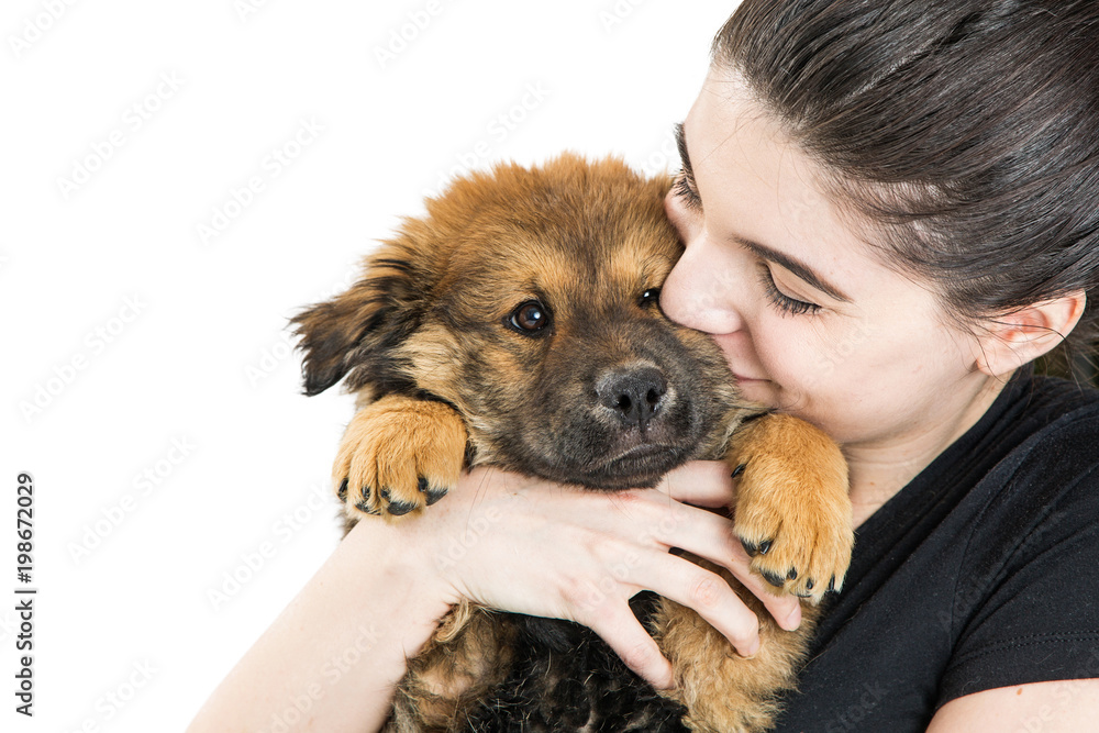Happy Young Woman Holding Puppy on White Happy Young Woman Holding Puppy on White