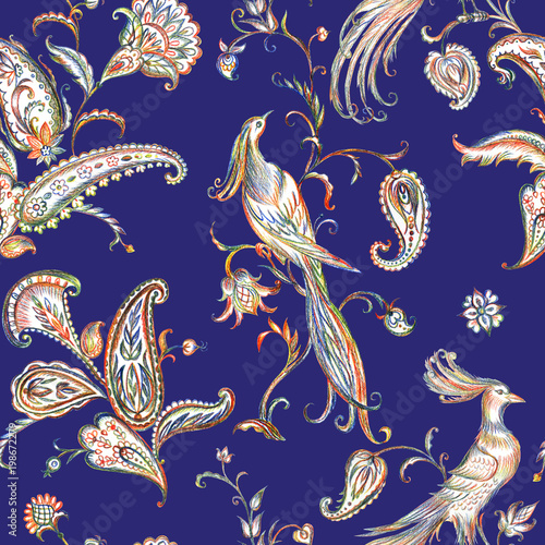 Canvas Print Seamless pattern with fabulous birds and paisley