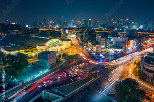 Bangkok night skyline and cityscape. Hua Lamphong railway station aerial view