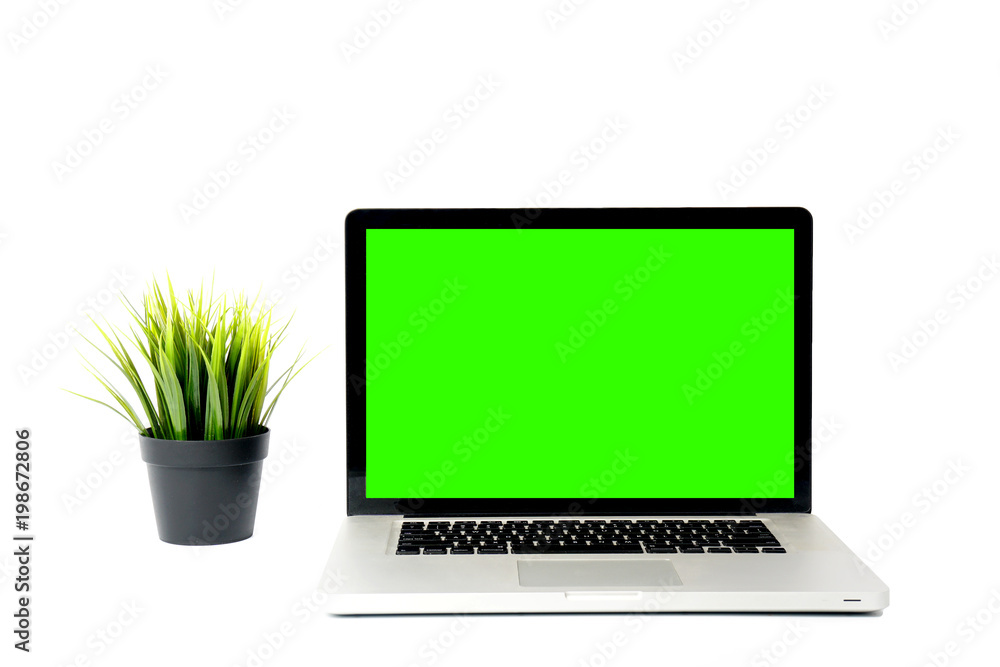 Fototapeta premium Mockup image of laptop with blank green screen. 