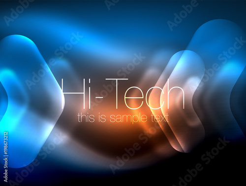 Blurred arrows in dark space. Neon pointers, glass glossy design, abstract shiny techno background, web banner