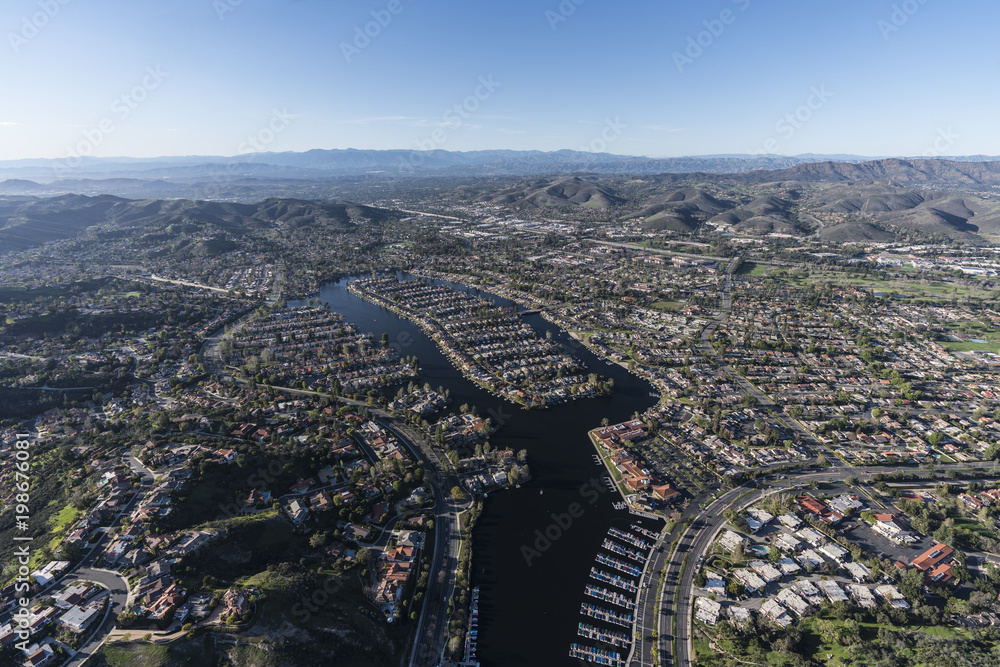 Aerial view of Westlake island, marina and lake in the Thousand Oaks and Westlake Village communities of Southern California.
