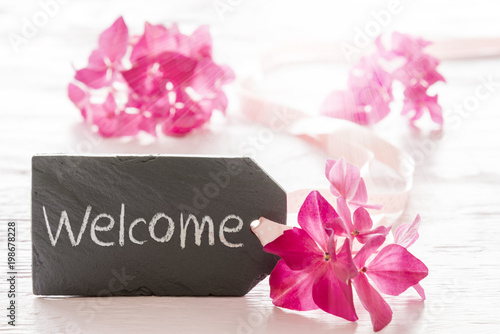 Obraz na plátně Hydrangea Blossom, Text Welcome