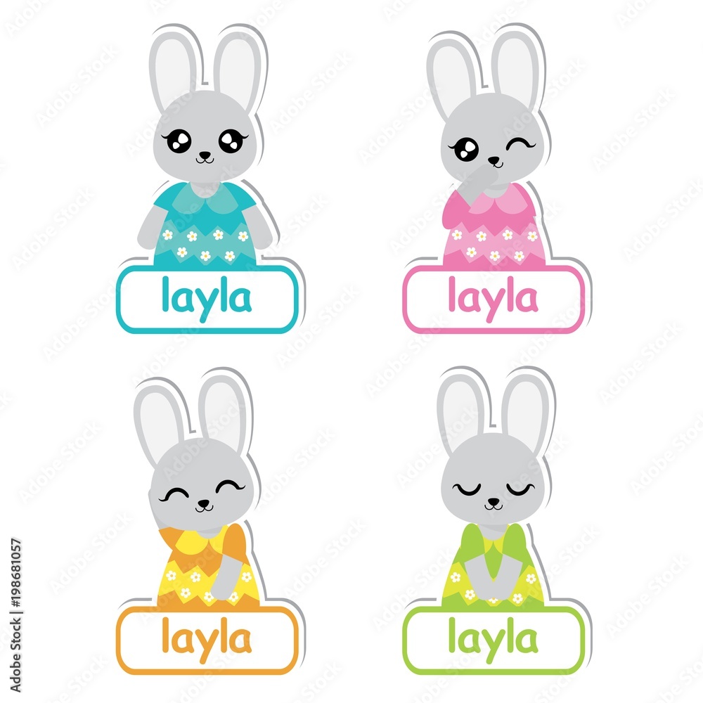 Vector cartoon illustration with colorful bunny girls suitable for kid name  tag set design, label name, and printable sticker set Stock Vector | Adobe  Stock