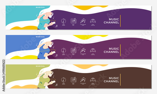 music channel youtube cover with girl hearing headphone illustration flat vector background