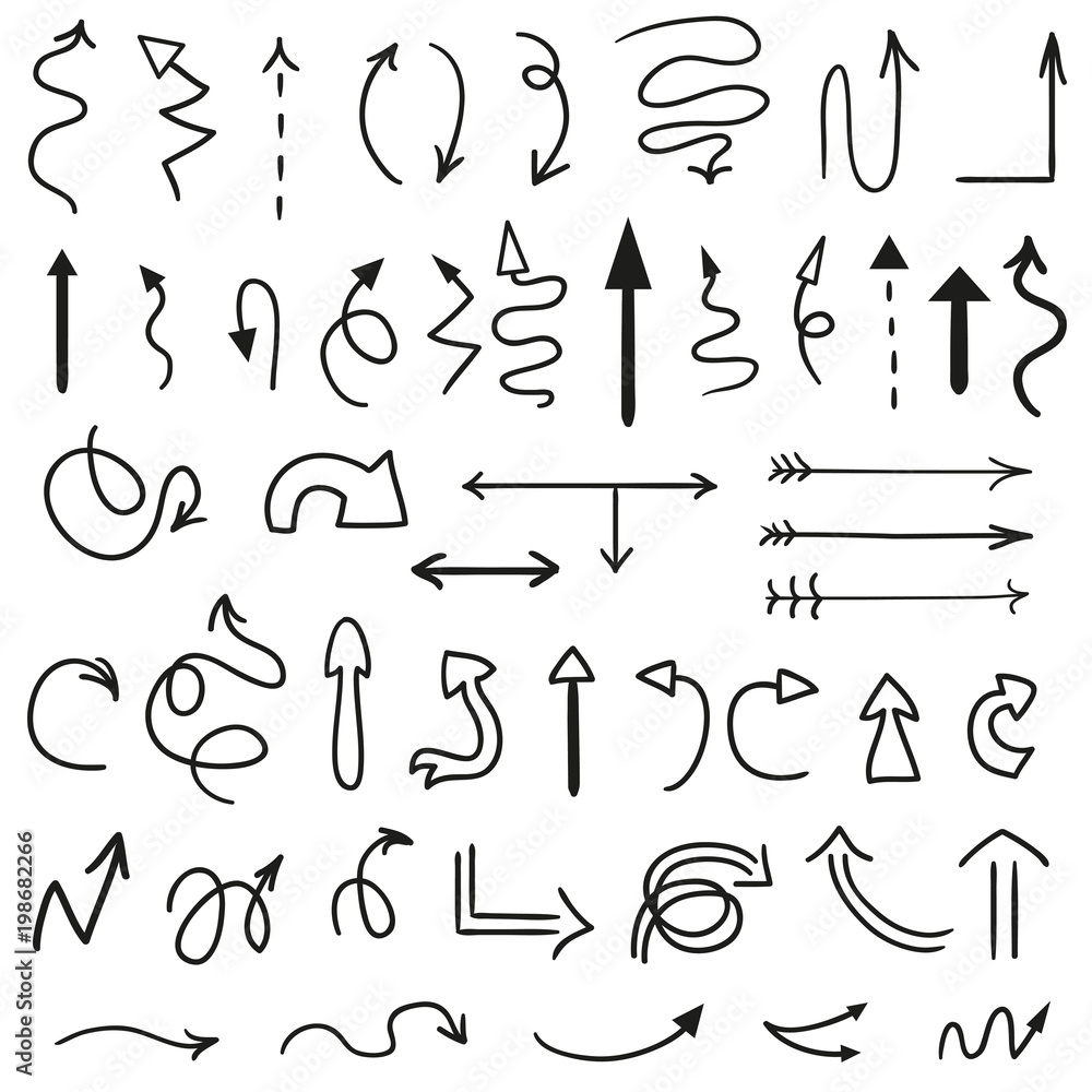 Obraz premium Infographic elements on isolation background. Collection of arrows. Highlighters for design. Hand drawn simple arrow. Line art. Set of different signs. Abstract arrows. Doodles for work. Art creation