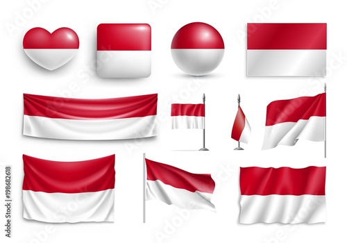 Set Indonesia flags  banners  banners  symbols  flat icon. Vector illustration of collection of national symbols on various objects and state signs