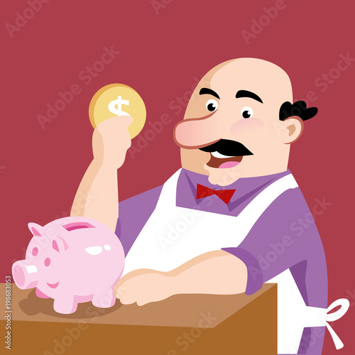 shopkeeper depositing coin in money bag finance cash money