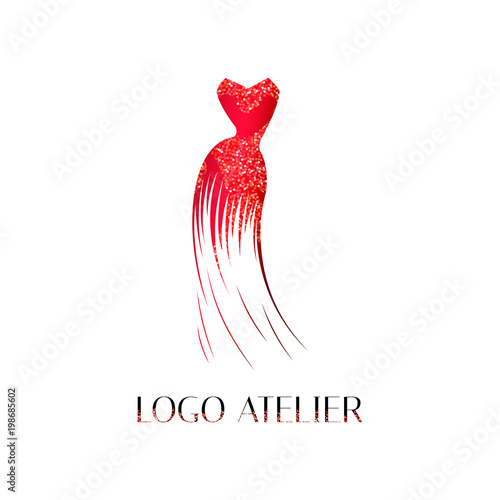 Logo for Atelier, women's clothing store. Vector template of the brand for the fashion designer. Element for Studio sewing and tailoring. Red evening dress with sequins
