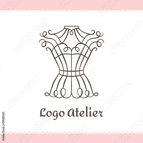 Logo for Atelier, wedding boutique, women's clothing store. Vector template of the brand for the fashion designer. Element for Studio sewing and tailoring. Vintage corset with elegant lines