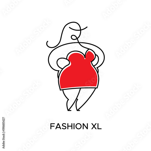 Logo for Atelier, store women's clothing large size. Vector template of the brand for the fashion designer. Element for Studio sewing and tailoring. Abstract fat woman in red dress