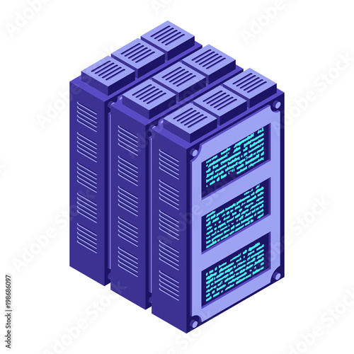 Server. Data center Isometric style. Internet industry. Data transmission technology and data protection. Storage and Accumulation of Information.