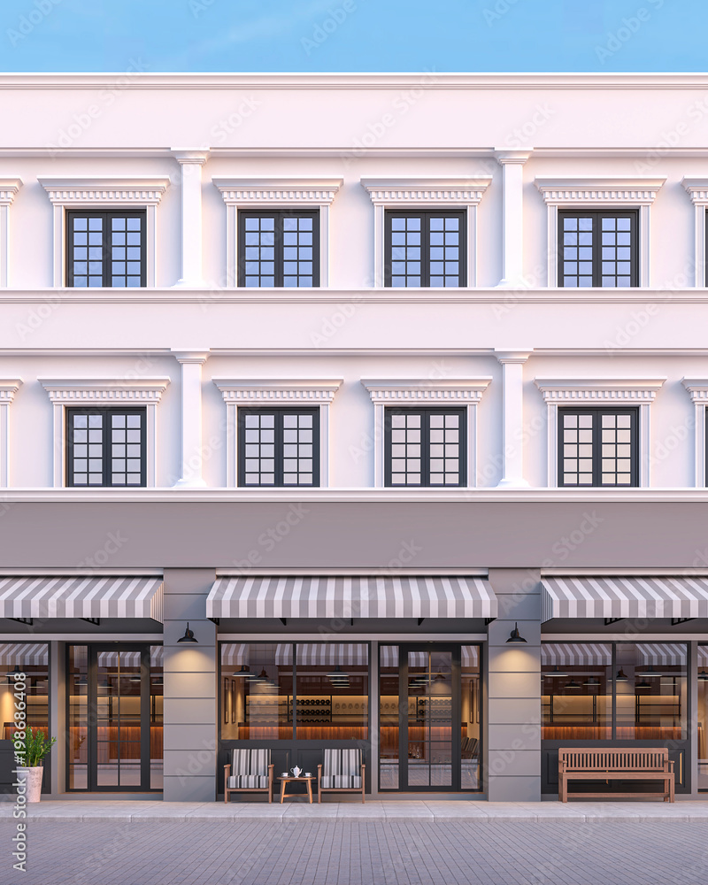 Front of classical style commercial building 3d render.There are a street shop, The building has classical style with gray and white color. The front store has footpaths and table sets.