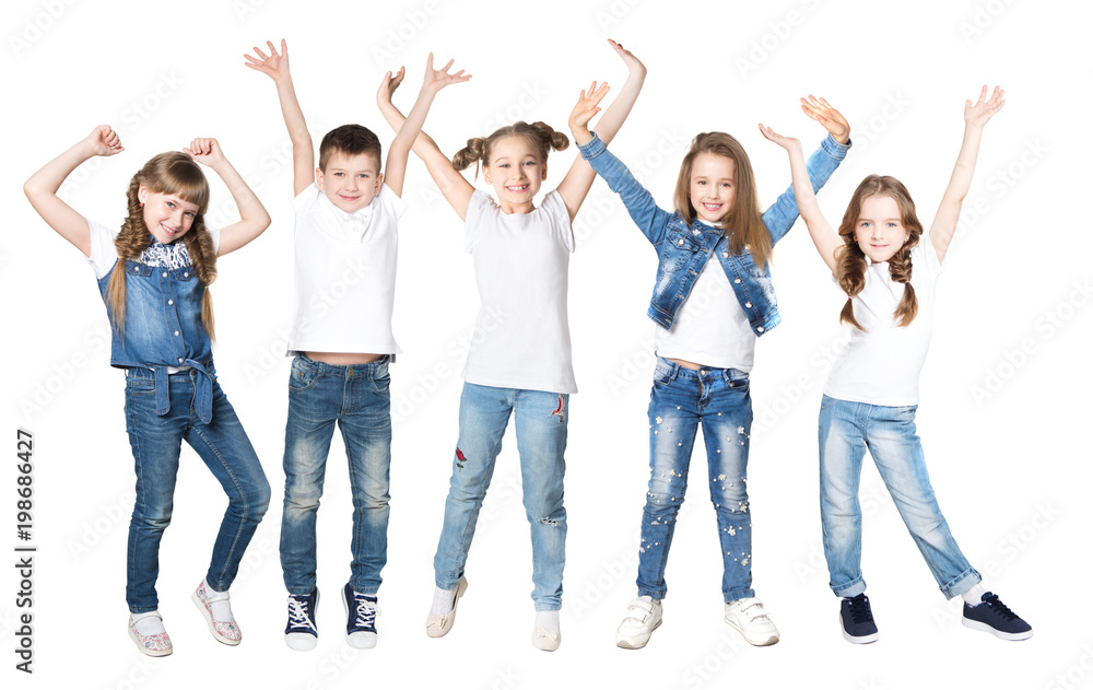 Group happy children  friends with their hands up on a white background