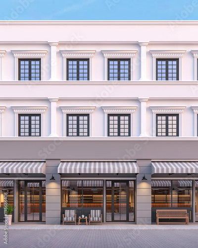 Front of classical style commercial building 3d render.There are a street shop, The building has classical style with gray and white color. The front store has footpaths and table sets.