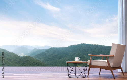 Lazy chair with mountain view 3d render.The room has wooden floor.Furnished with wood and fabric furniture.Looking out to the terrace and mountains view.
