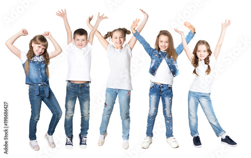 Group happy children friends with their hands up on a white background