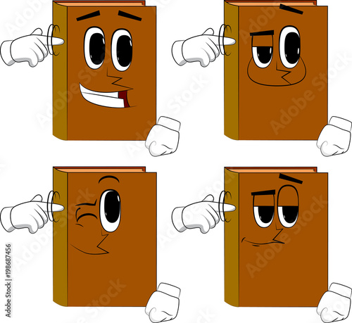Books shows a you're nuts gesture by twisting his finger around his temple. Cartoon book collection with happy faces. Expressions vector set.
