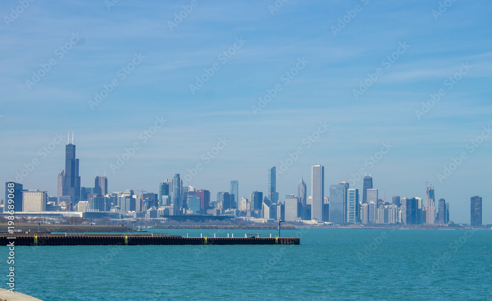 Lake Michigan, Piers, and Chicago skyline